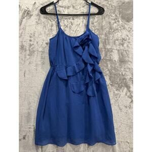 blue sleeveless mini dress size small ruffled trim that trails down the front